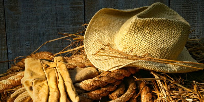 Straw hat with gloves on a bale of hay